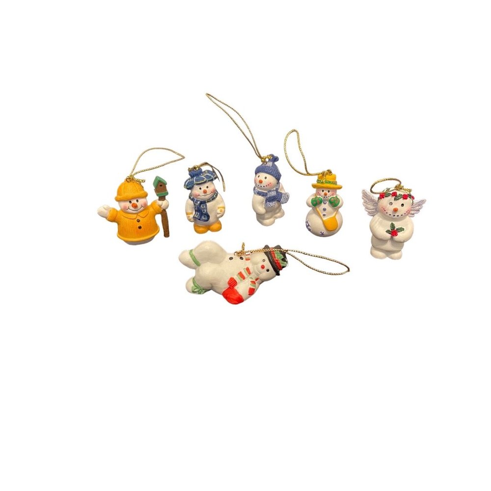 Set of 6 Ceramic Christmas Snowman Ornaments Angel Hats Scarves Birdhouse